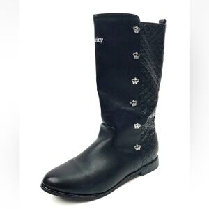 Juicy Couture Faux Leather Flat Calf Boot Size 4 Black Silver Crowns Y2K 90s